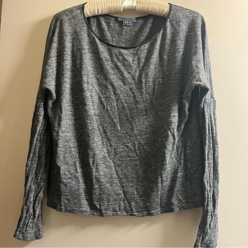 Vince Linen Charcoal Long Sleeve leather collar Top